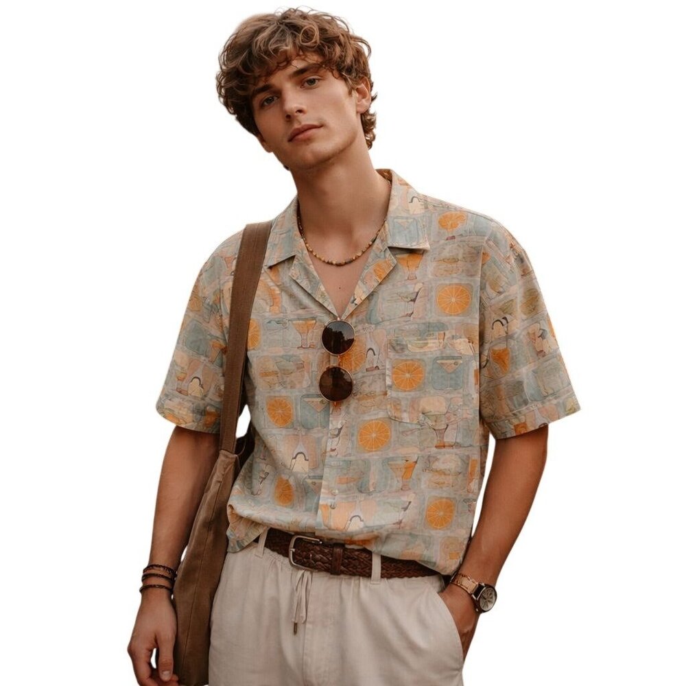VTG 90s Grant Thomas Button Up Shirt Retro Cocktail‎ Citrus Print Indie Mens XL